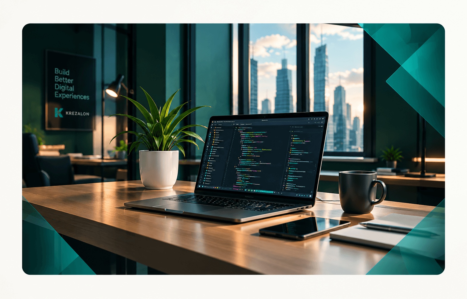 A Krezalon workspace — a laptop showing code on a wooden desk by a window overlooking the city