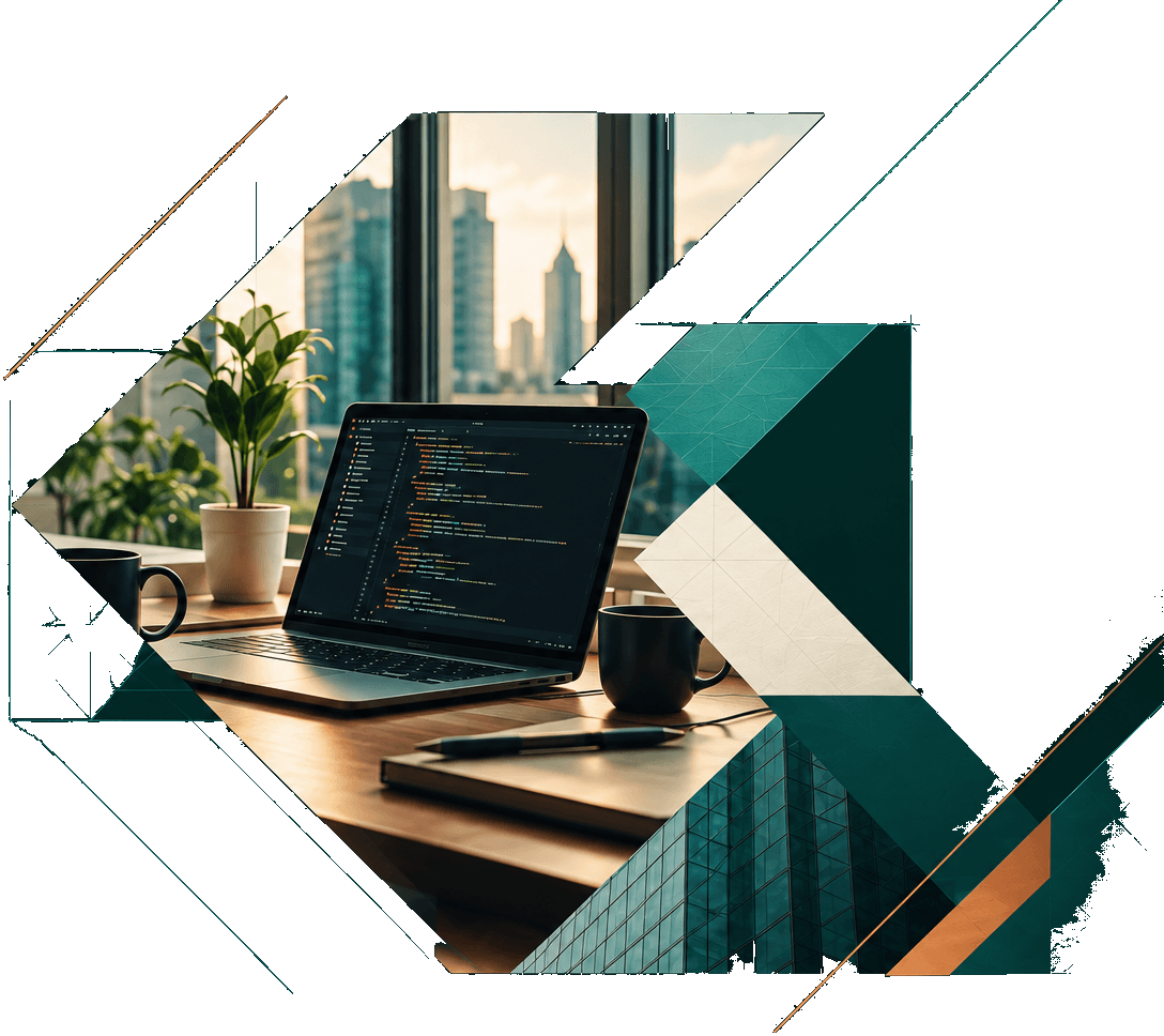 Krezalon Technologies workspace — a laptop with code by a window overlooking the city
